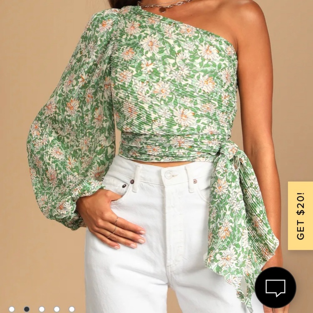 Lulu’s Grow Toward Love Green Floral Print Pleated One-Shoulder Top - size S